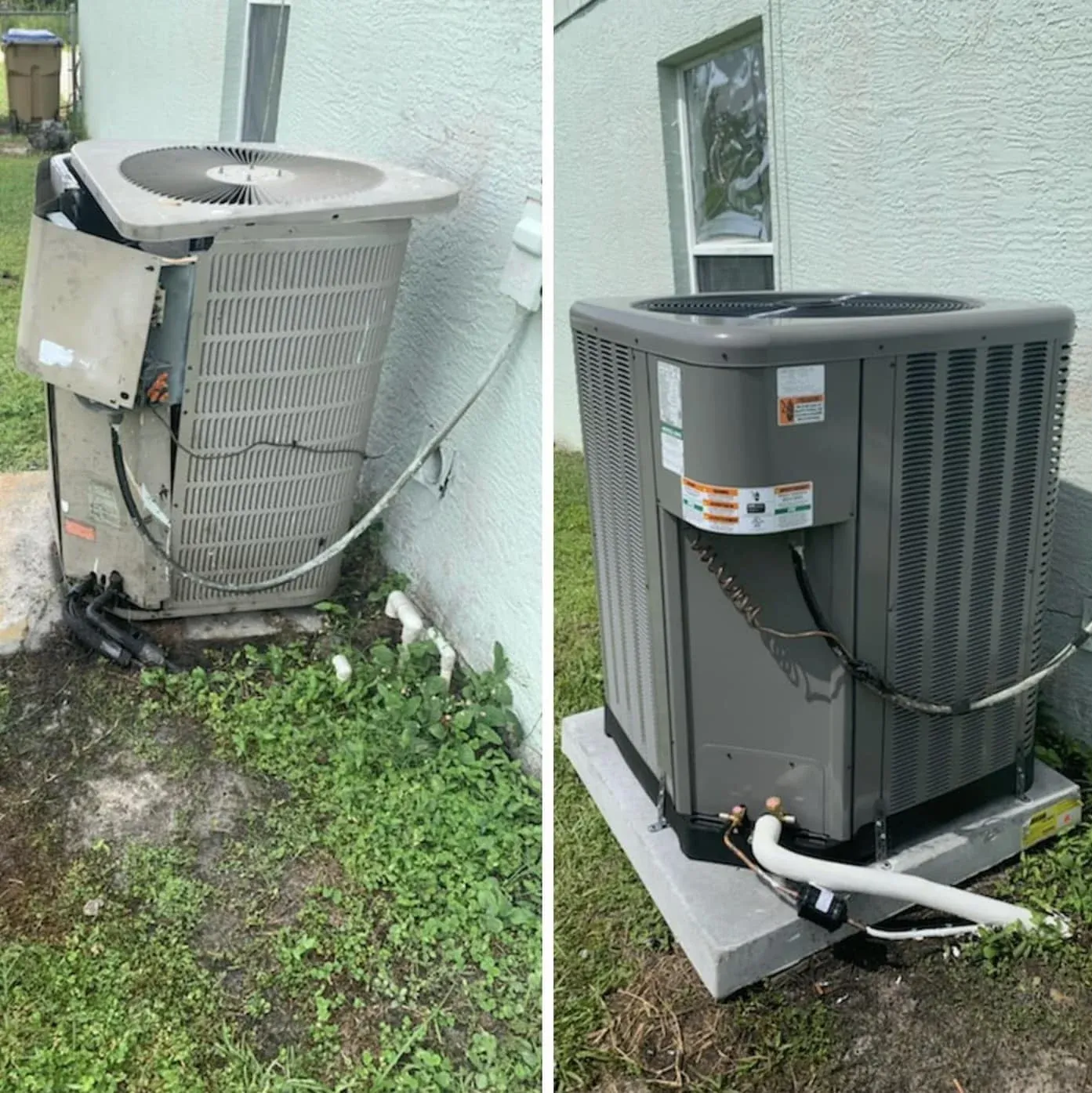 Before and after: an older, damaged outdoor condenser on the left and a newly installed replacement unit on the right